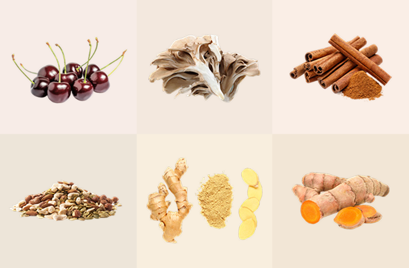 photo montage of ingredients in DailyBasis including cherries, mushrooms, cinnamon, seeds, nuts, ginger, and turmeric root